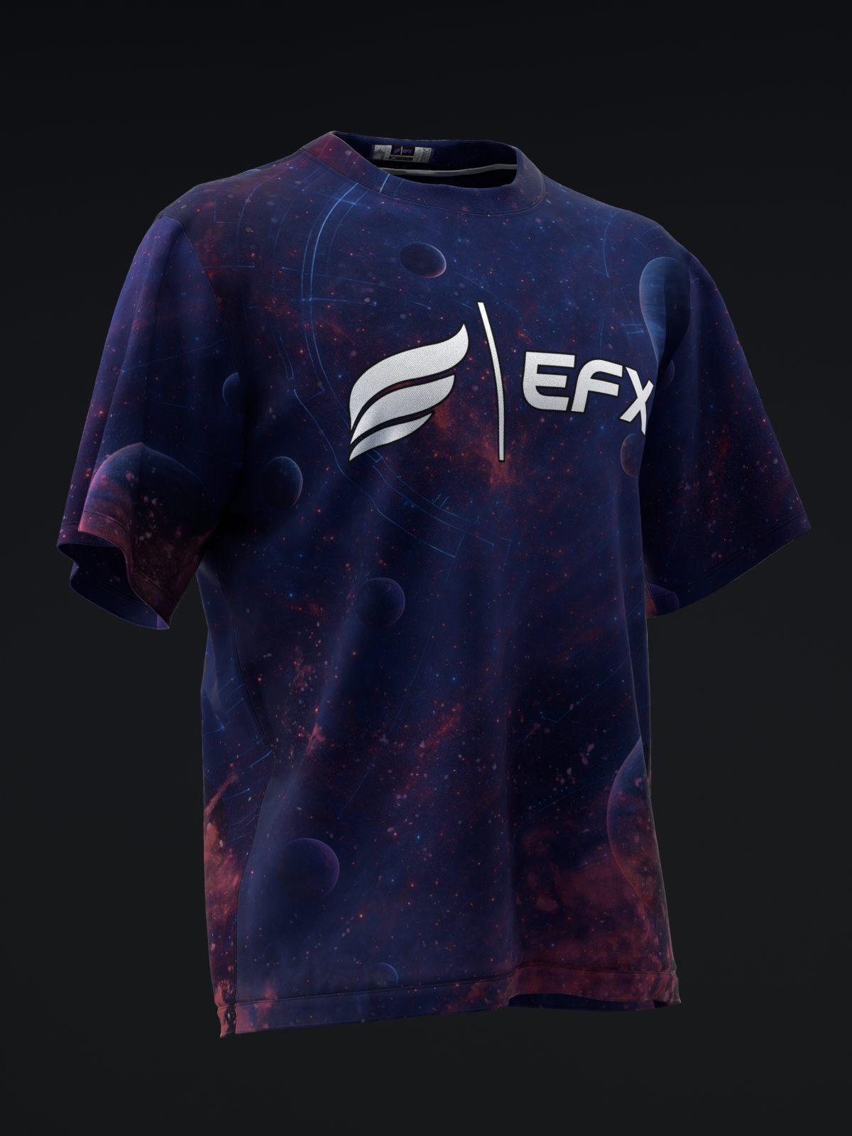 Dark blue and purple bowling jersey with cosmic galaxy pattern and white EFX logo