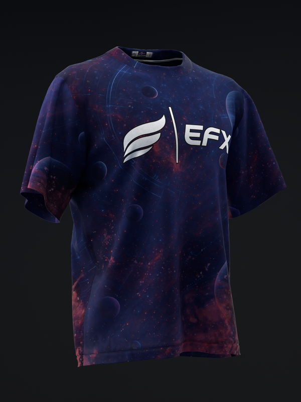 Dark blue and purple bowling jersey with cosmic galaxy pattern and white EFX logo