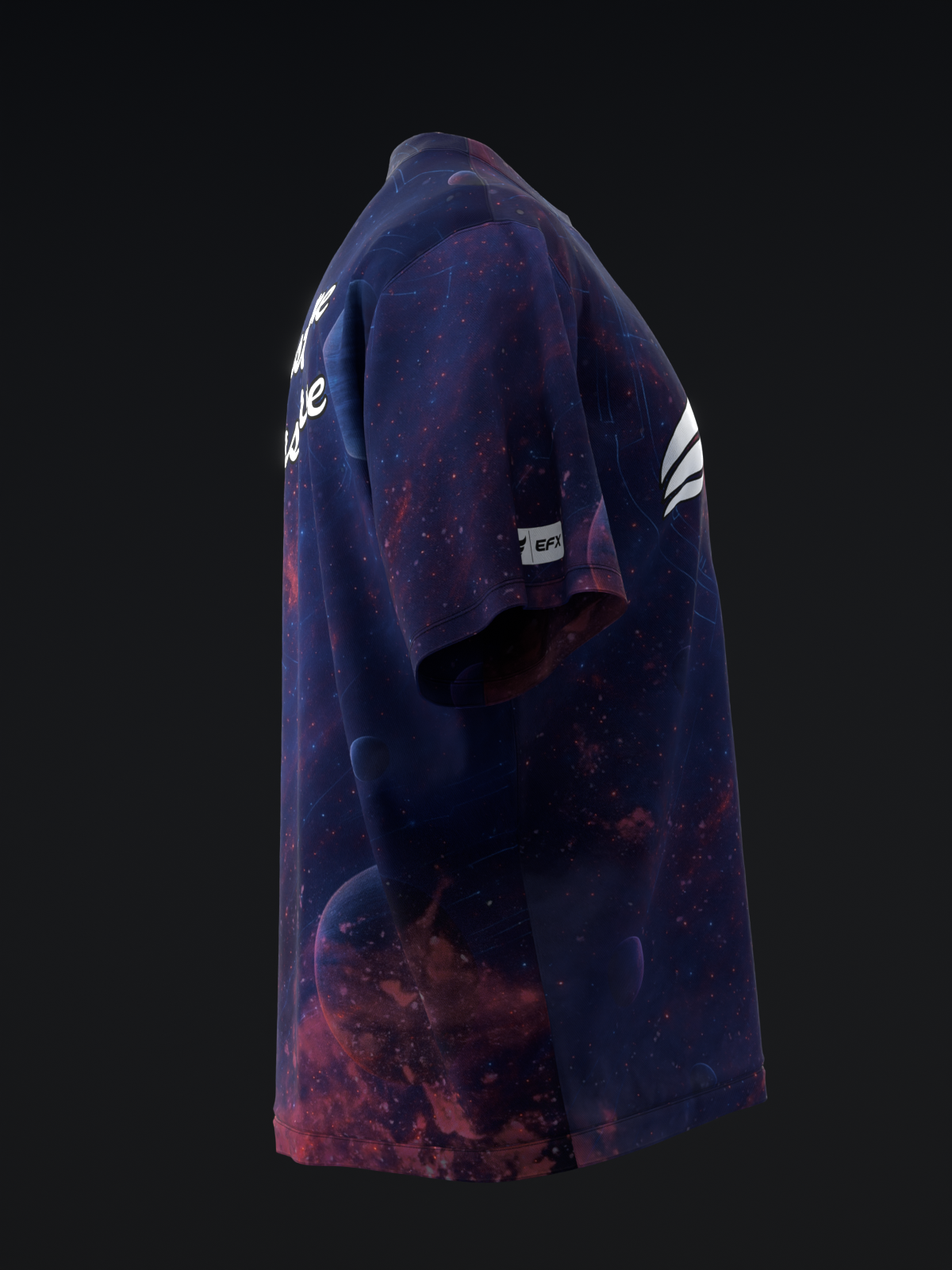 Navy and burgundy tie-dye bowling jersey with white shoulder stripe detail