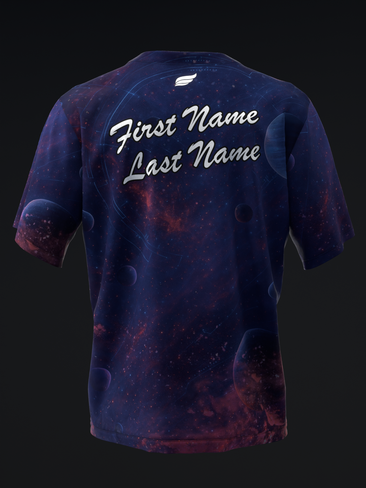 Purple and blue galaxy-patterned bowling jersey with white script name personalization on back