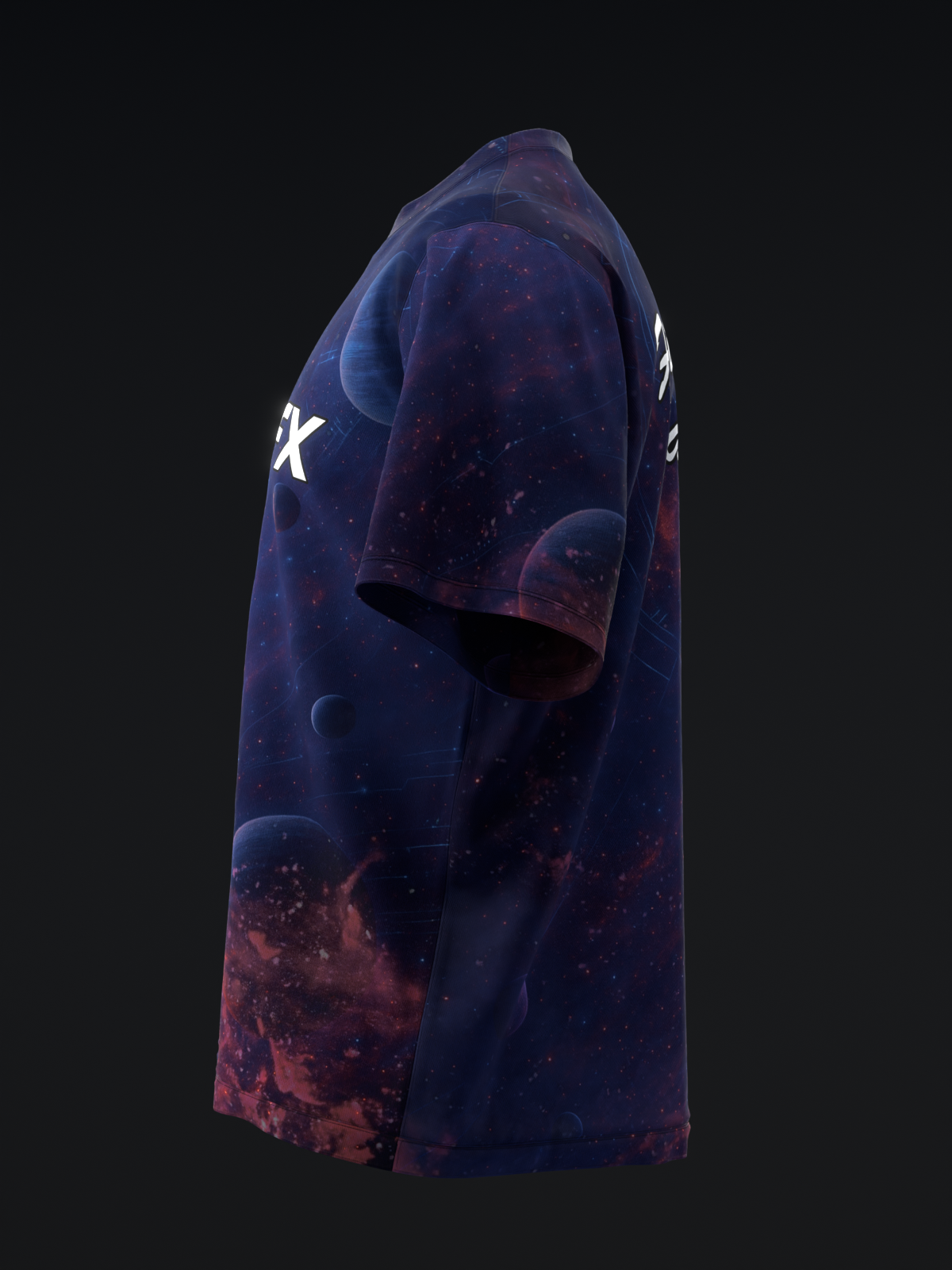 Dark Matter Surge bowling jersey in purple blue with cosmic galaxy print design