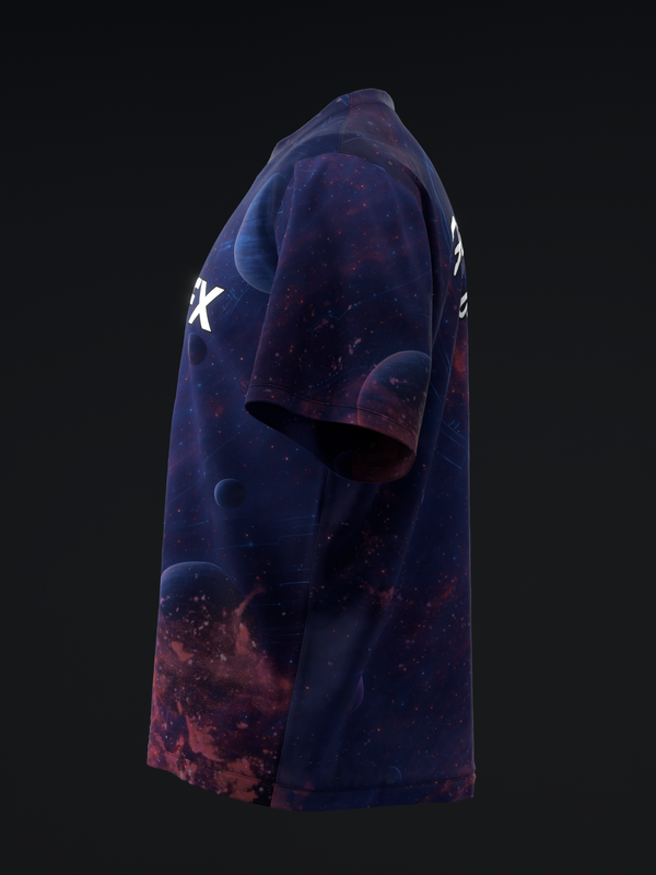 Dark Matter Surge bowling jersey in purple blue with cosmic galaxy print design
