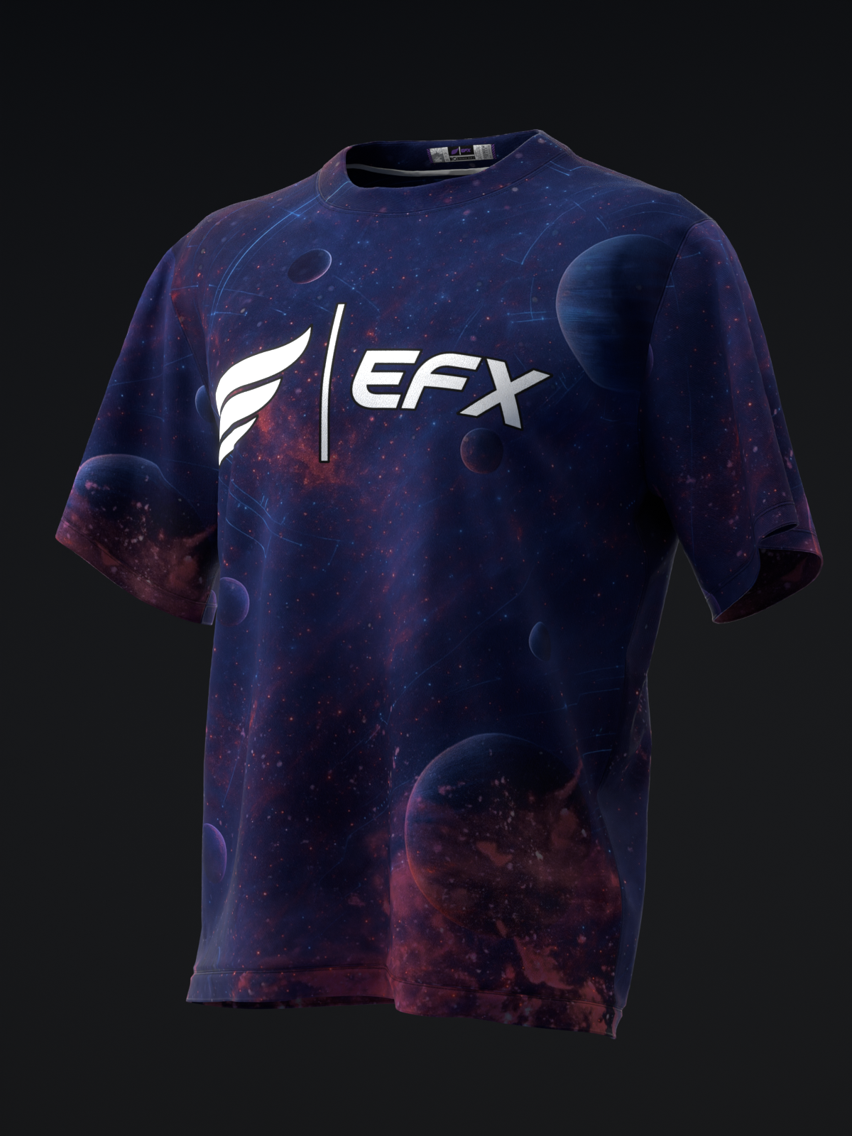 Navy and burgundy bowling jersey with galaxy pattern and EFX logo front view