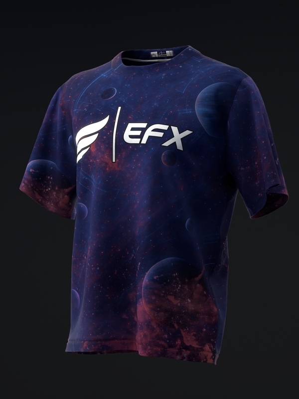 Navy and burgundy bowling jersey with galaxy pattern and EFX logo front view