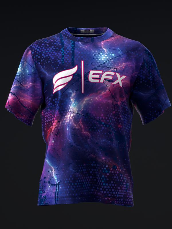 Purple and blue galaxy-patterned bowling jersey with EFX logo, front view