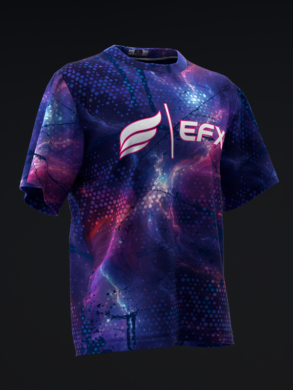 Purple and blue galaxy bowling jersey with EFX logo and geometric pattern