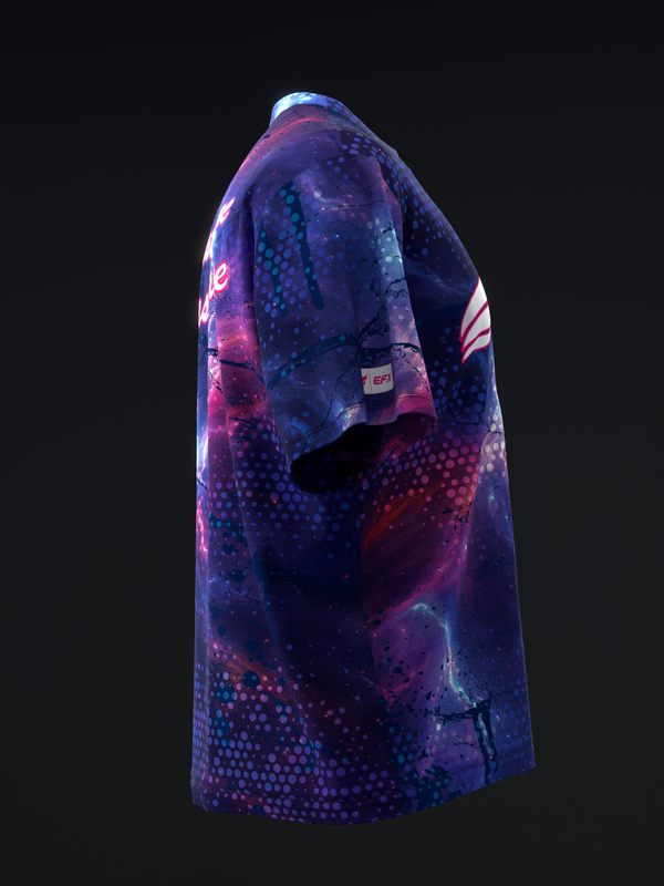 Purple and blue galaxy print bowling jersey with hexagon pattern detail, side view