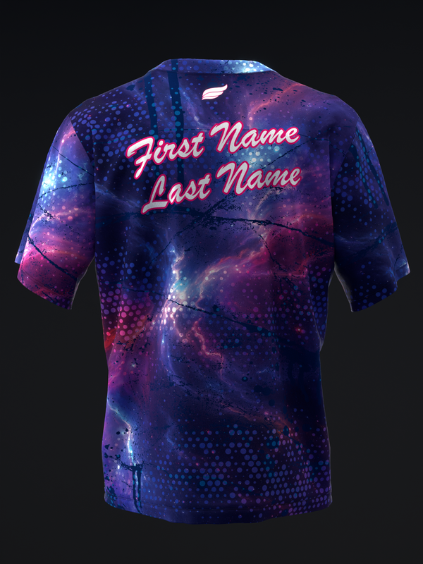 Back view of bowling jersey with galaxy pattern and neon name text