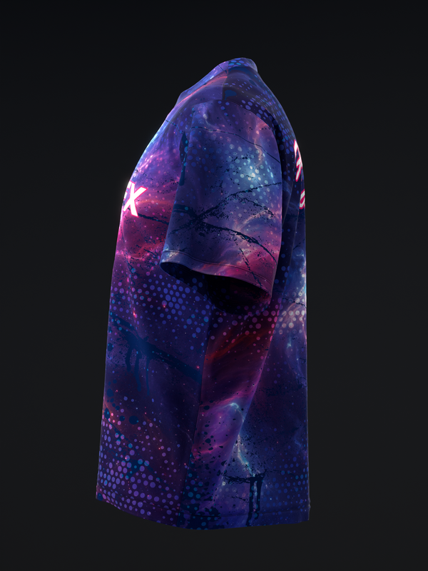 Purple and blue gradient bowling jersey with cosmic dot pattern design, front view