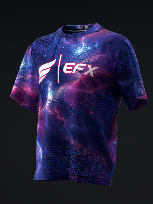 Front view of purple and blue galaxy bowling jersey with EFX logo