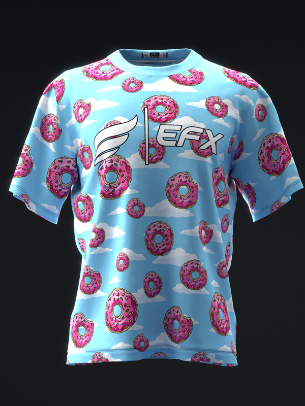 Light blue bowling jersey with pink frosted donut pattern and EFX logo