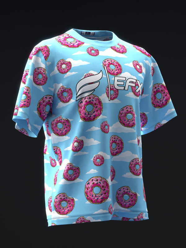 Light blue bowling jersey with pink frosted donuts and cloud pattern throughout