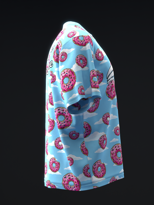 Light blue bowling jersey with pink frosted donut pattern, side view