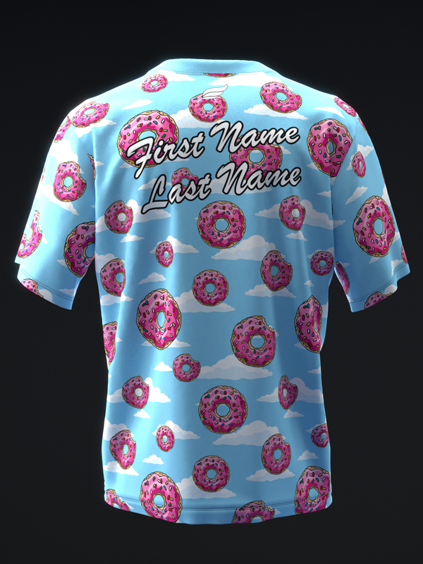 Light blue bowling jersey with pink frosted donuts and clouds pattern, back view