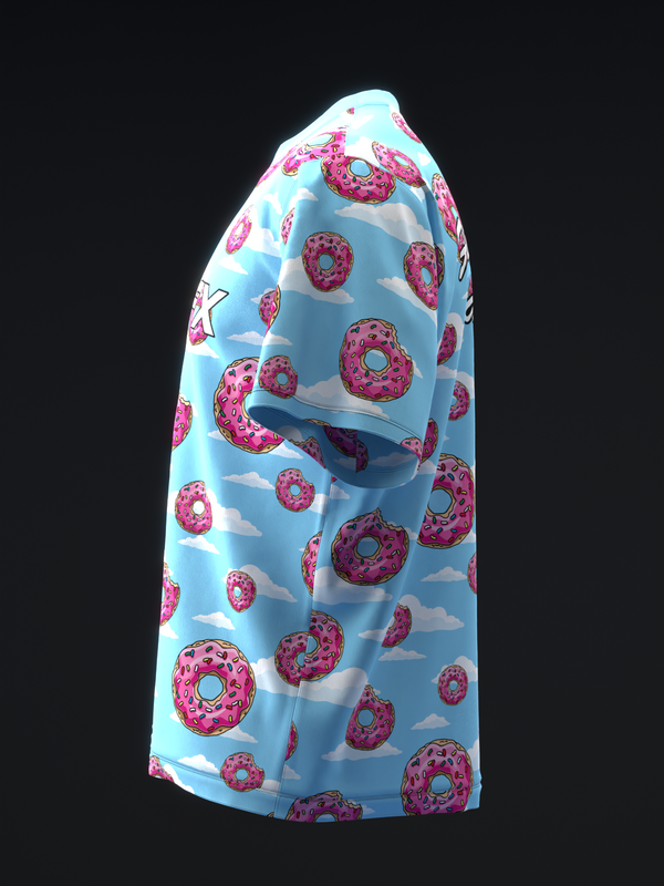 Light blue bowling jersey with pink frosted donuts and cloud pattern, side view