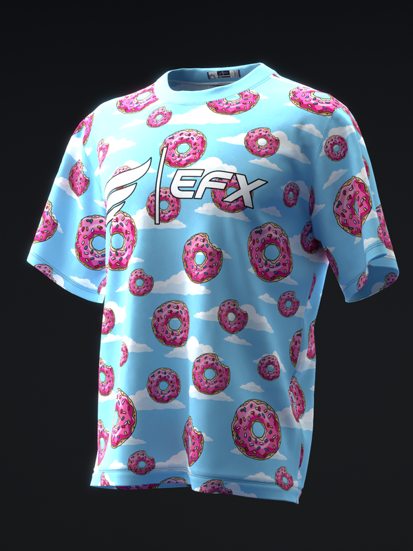 Light blue bowling jersey with pink frosted donut pattern and EFX logo