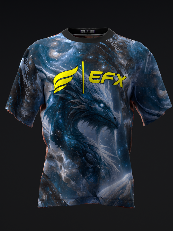 Black crew neck bowling jersey with blue cosmic galaxy print and yellow EFX logo