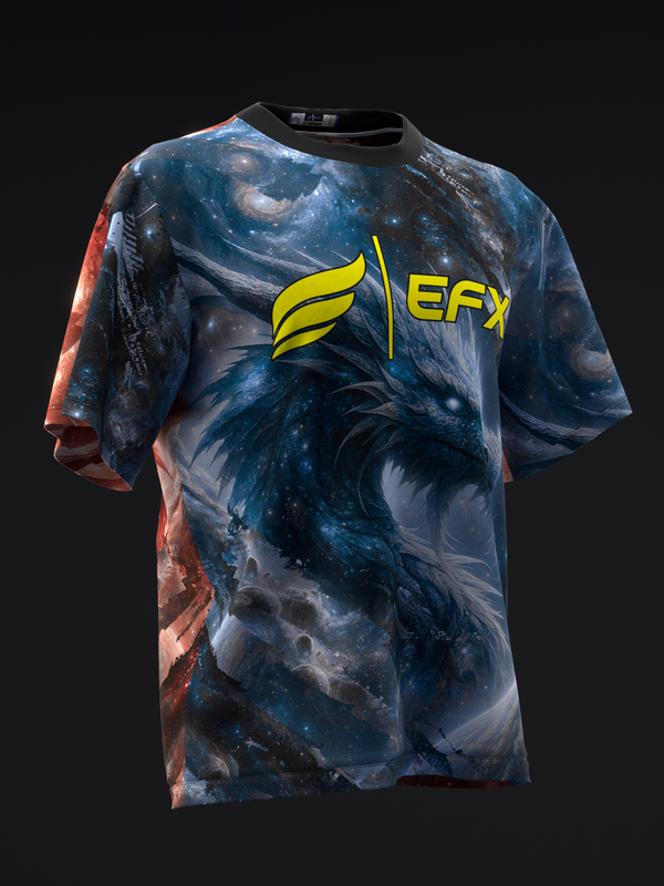 Black bowling jersey with blue and red galaxy print and yellow EFX logo