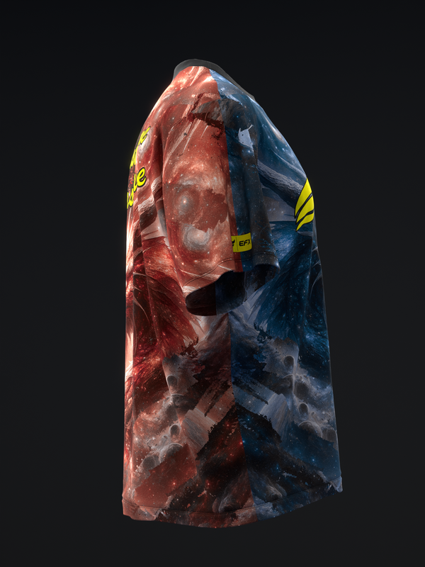 Red and blue bowling jersey with dragon graphic and yellow accents, side view