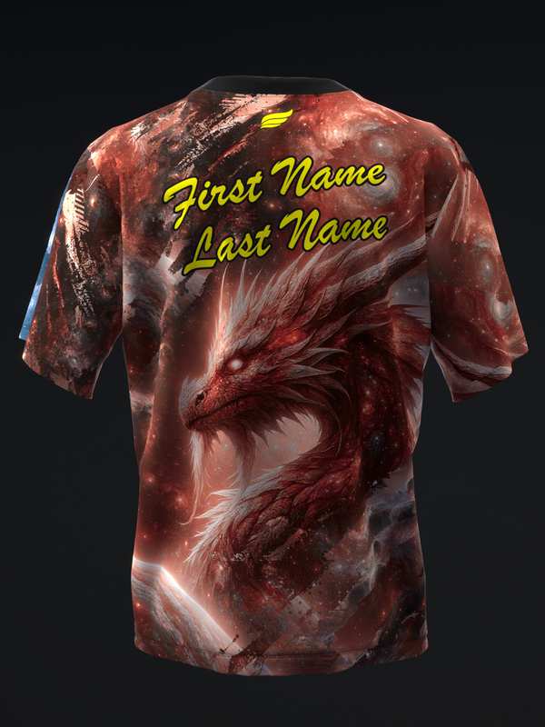 Red bowling jersey with dragon graphic and customizable yellow name text, back view