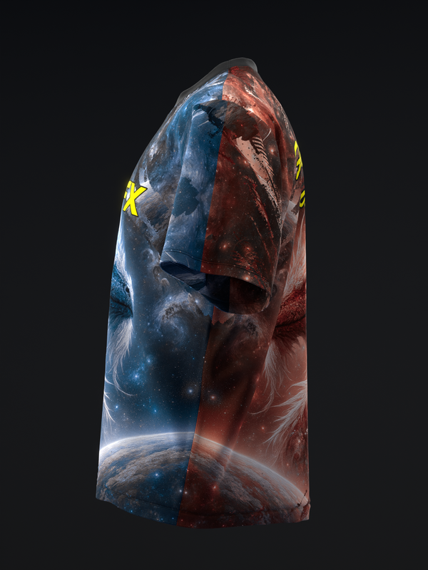 Blue and red bowling jersey with cosmic and dragon graphic design and yellow stars