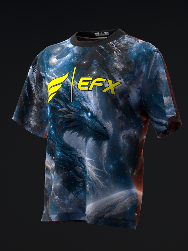 Blue and red bowling jersey with cosmic dragon graphic and yellow EFX logo
