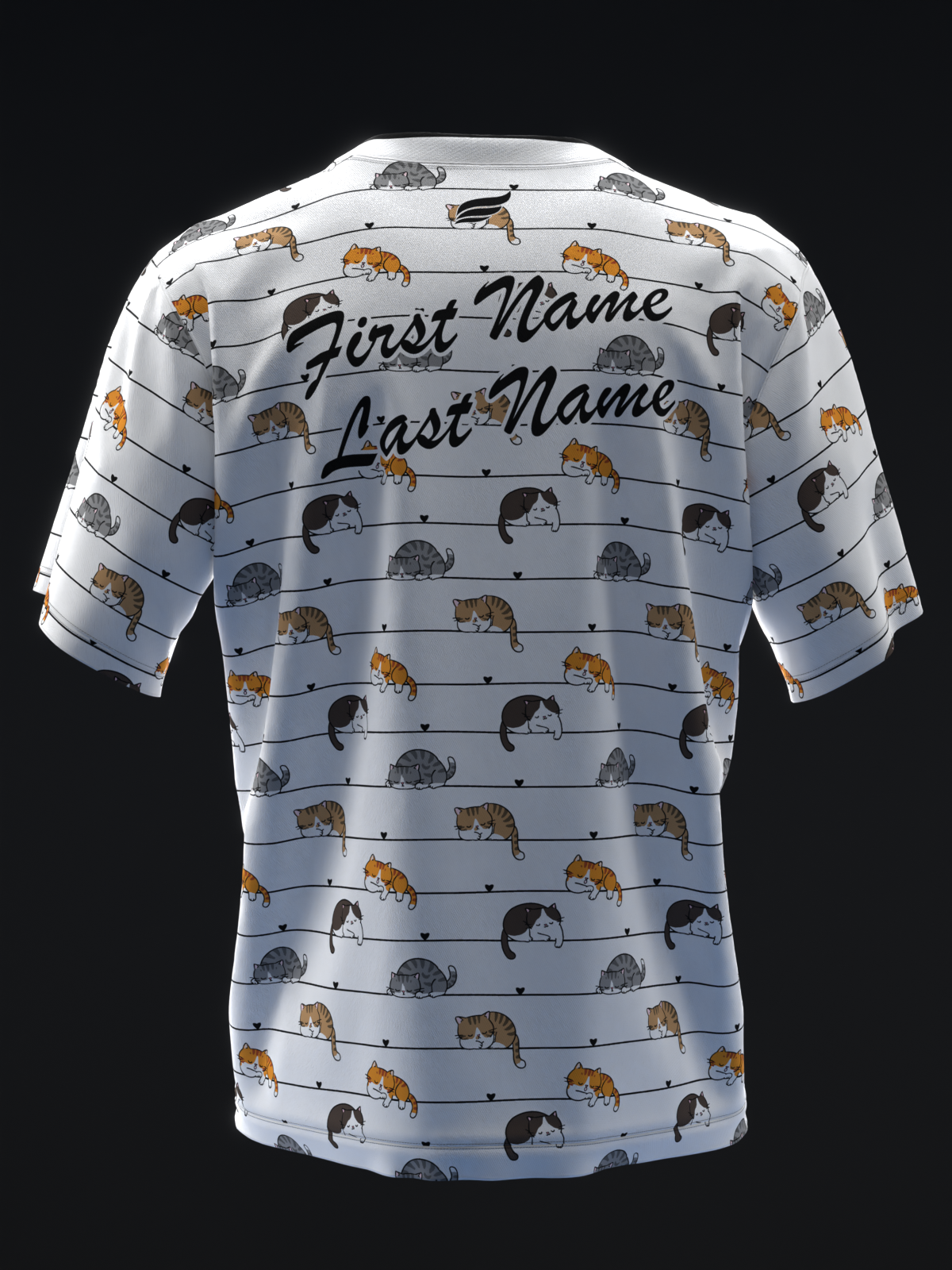 White bowling jersey with hedgehog pattern and personalized name lines, back view