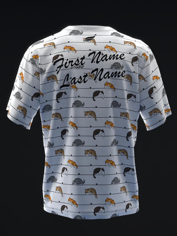 White bowling jersey with hedgehog pattern and personalized name lines, back view