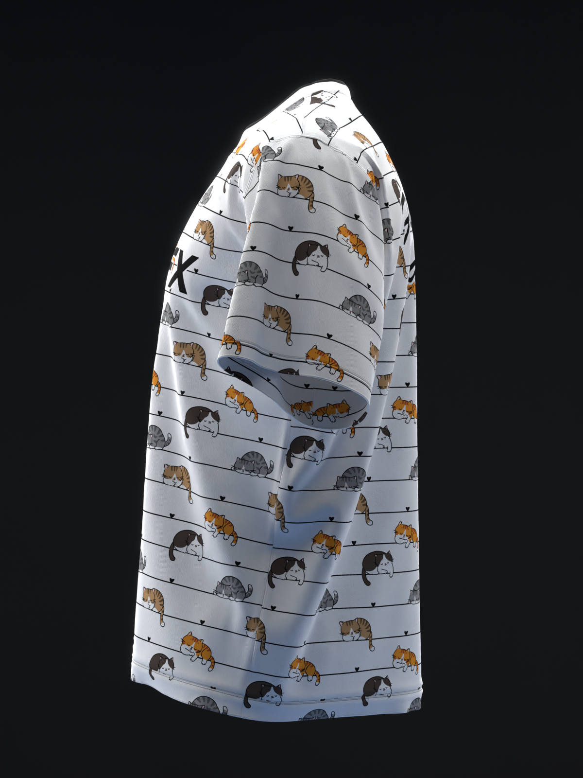 White bowling jersey with repeating cat and dog pattern, side view