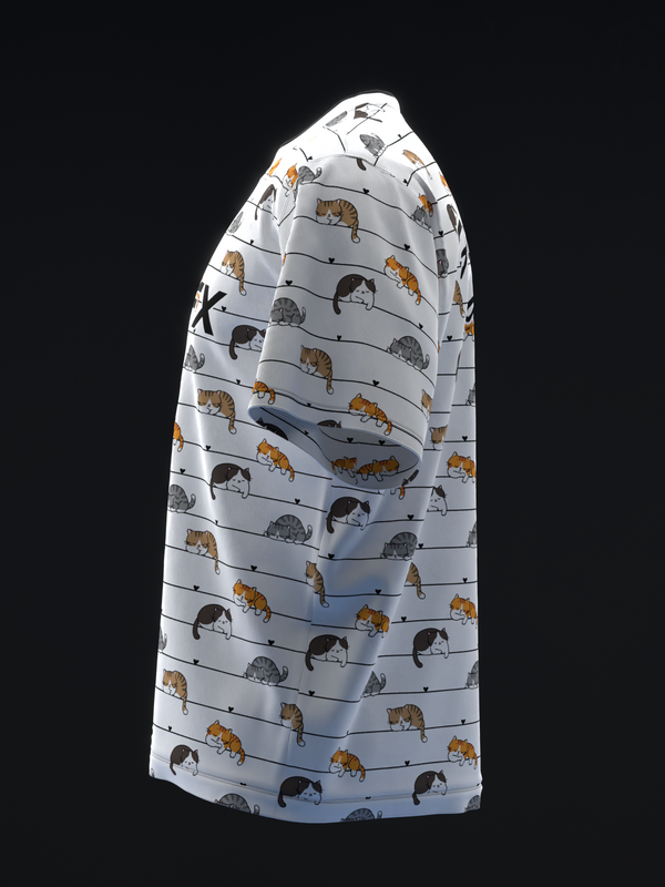 White bowling jersey with repeating cat and dog pattern, side view