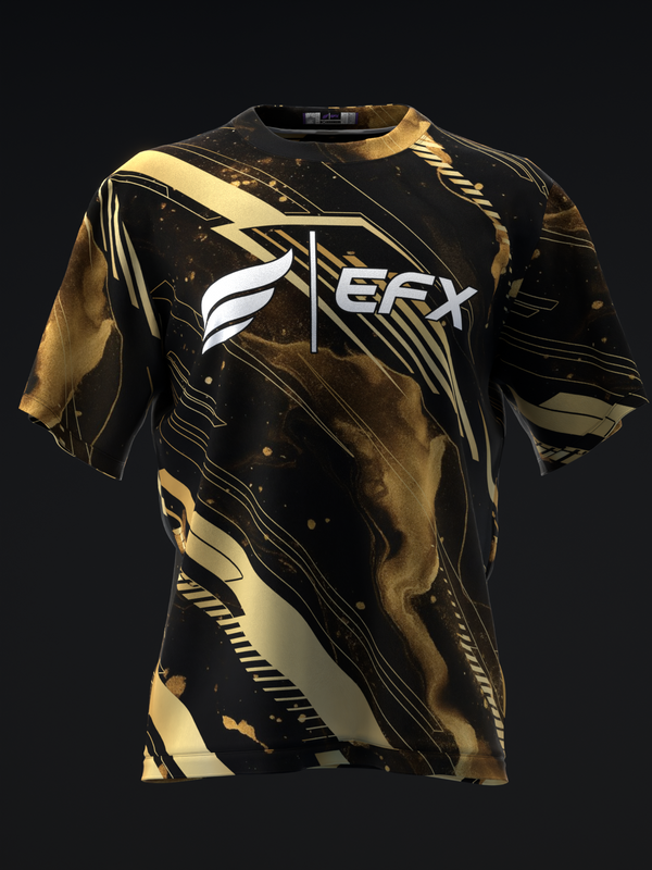 Black and gold bowling jersey with EFX logo and abstract swoosh design, front view
