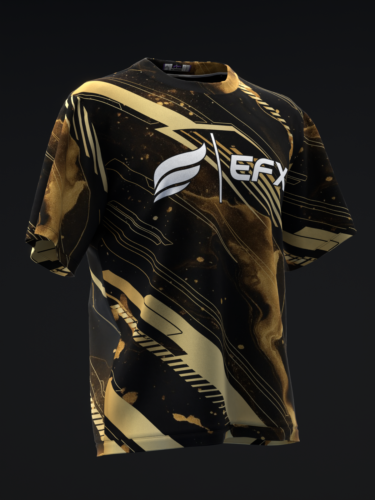 Black and gold bowling jersey with abstract geometric pattern and EFX logo