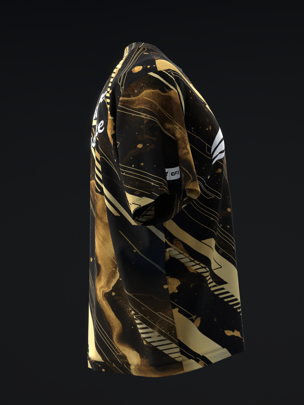 Black bowling jersey with gold and white abstract swirl pattern, front view