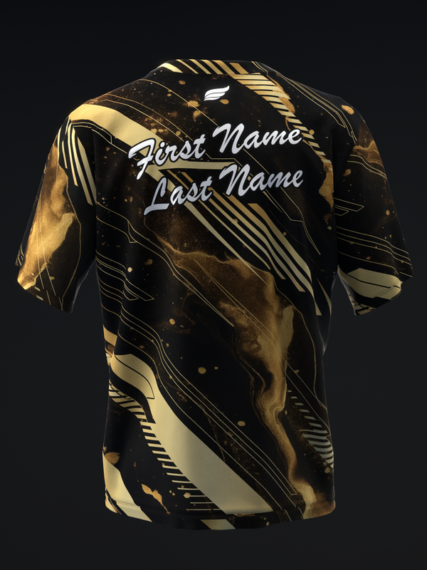 Black bowling jersey with gold and cream abstract pattern and personalization text on back