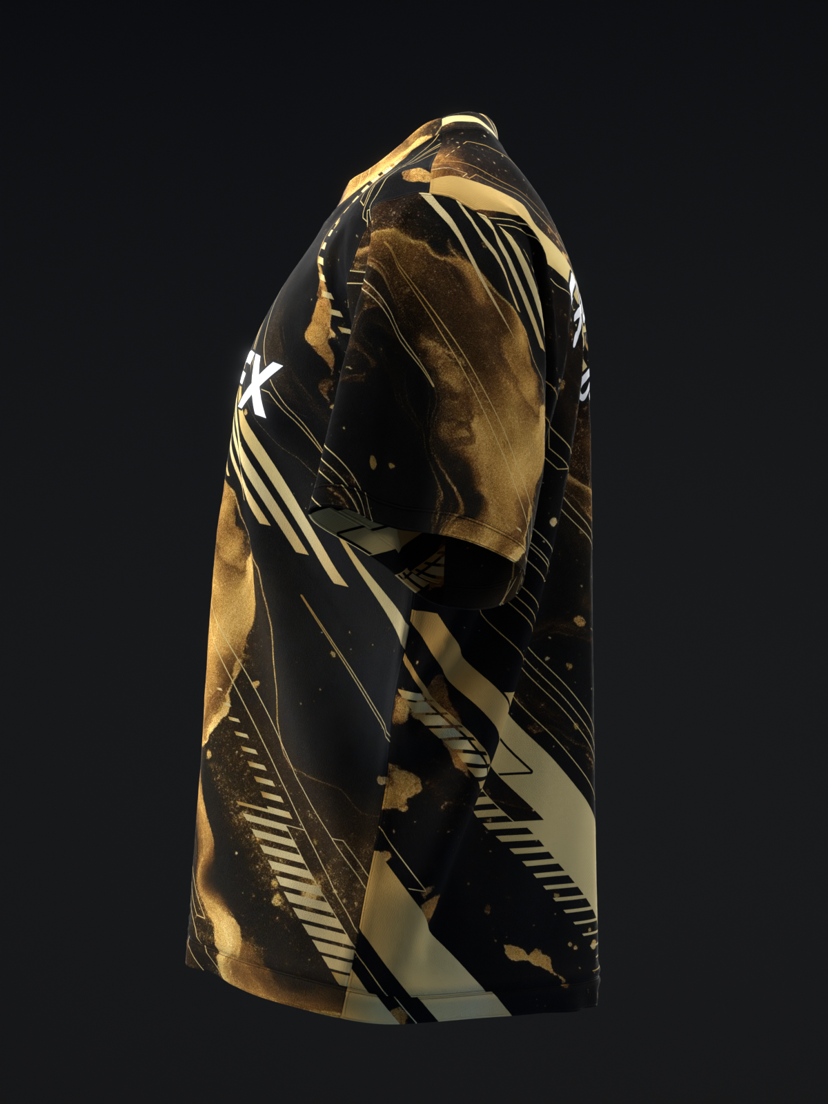 Black and gold bowling jersey with geometric stripe design, side view
