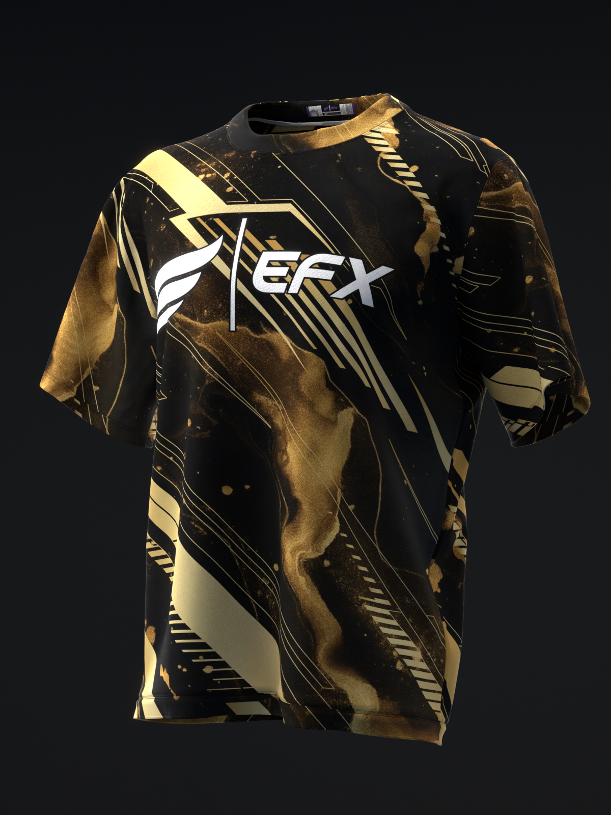 Black and gold bowling jersey with abstract geometric pattern and EFX logo front view