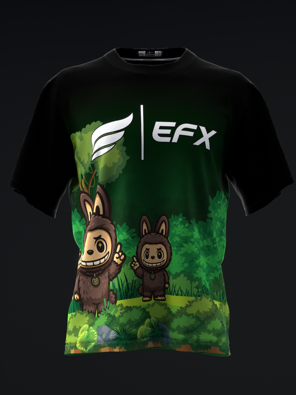 Black bowling jersey with EFX logo and forest creature graphic design front view