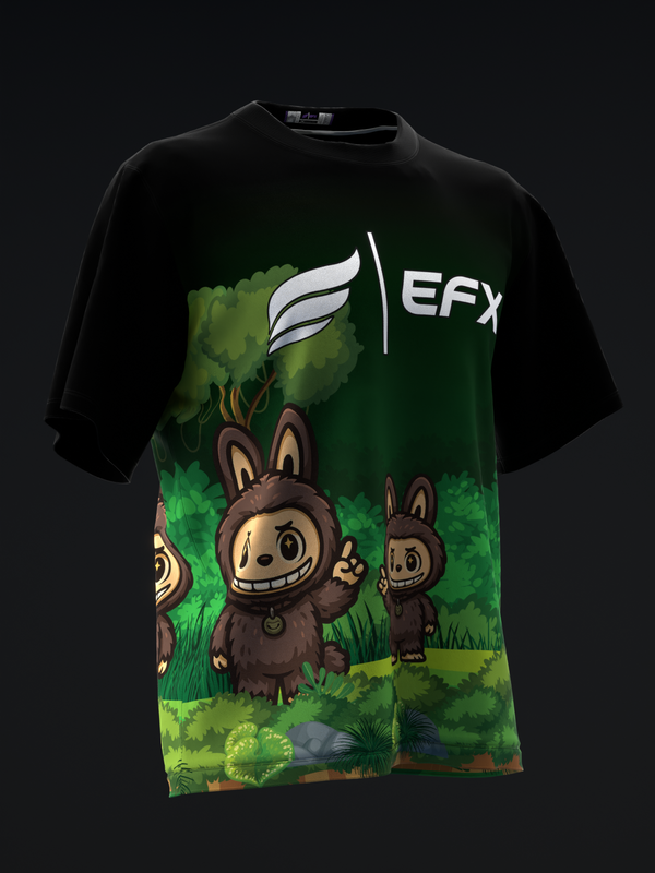 Black bowling jersey with cartoon brown characters and green forest graphic on front
