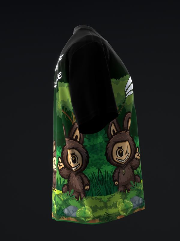 Black bowling jersey with green forest scene and cartoon owl characters