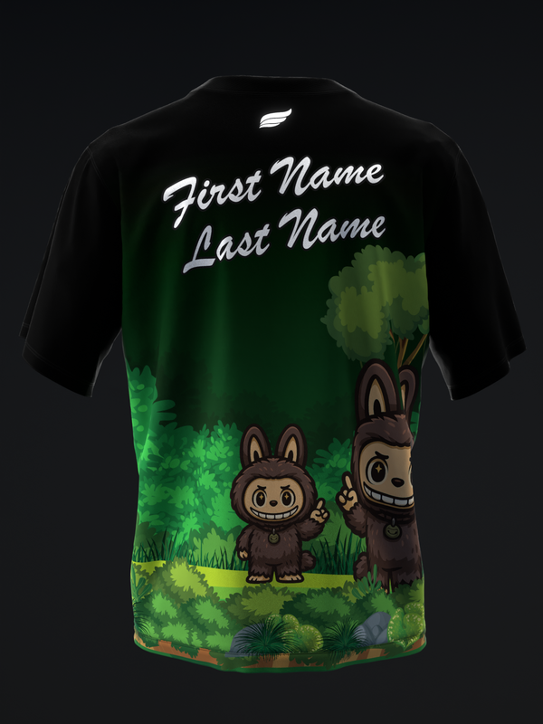 Black bowling jersey back view with green forest scene and cartoon characters