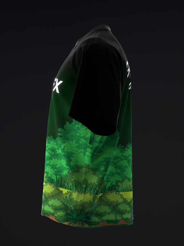 Black and green bowling jersey with layered foliage graphic design, front view
