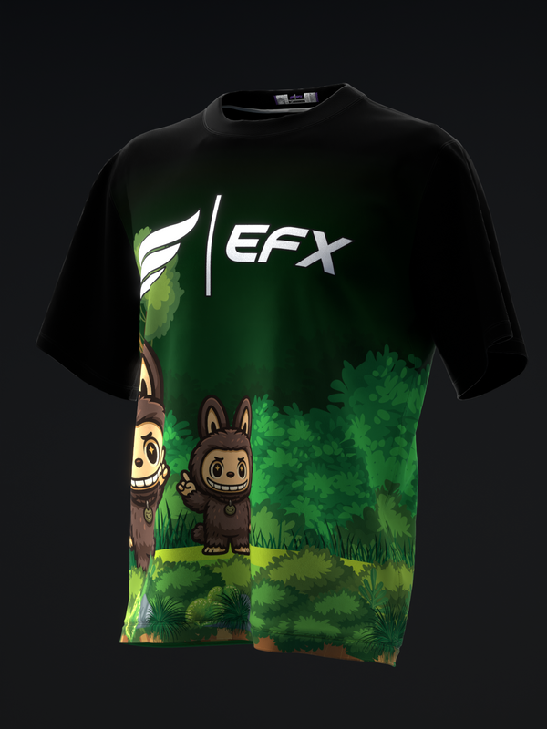 Black bowling jersey with EFX logo and animated forest characters graphic on front