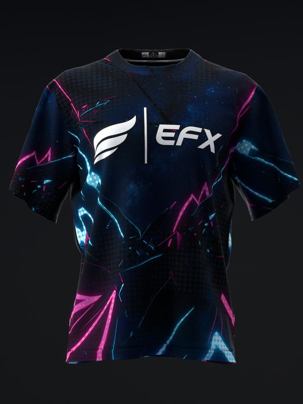 Front view of dark navy bowling jersey with neon pink and cyan lightning bolt graphic and white EFX logo