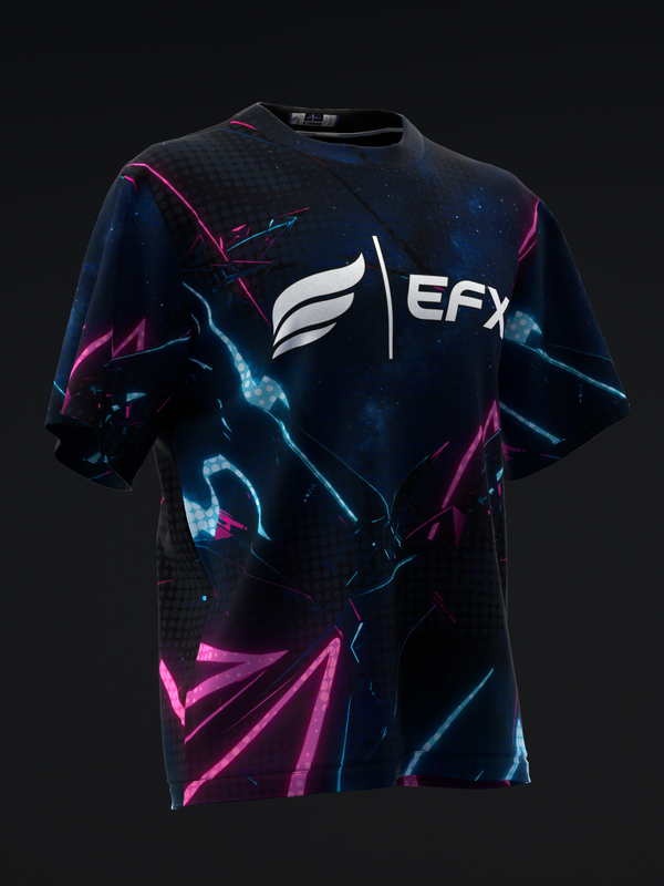Navy bowling jersey with neon pink and cyan lightning graphic and EFX logo