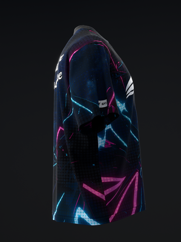 Black bowling jersey with neon blue and pink geometric design, front view