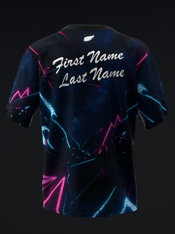 Dark navy bowling jersey with neon blue and pink lightning bolt graphics and personalization text