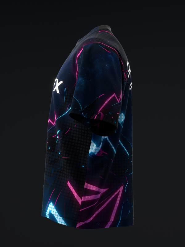 Navy bowling jersey with neon pink and cyan neon graphic design on front