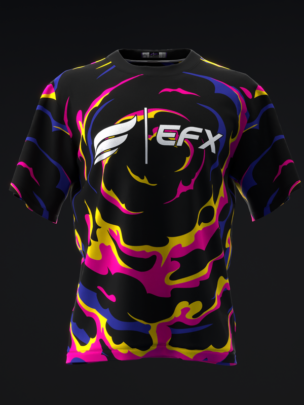 Black bowling jersey with vibrant pink, blue, and yellow swirl pattern front view