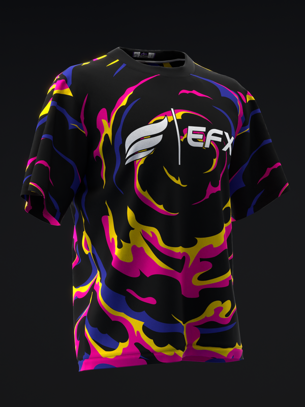 Black bowling jersey with vibrant pink, blue, and yellow swirl pattern front view