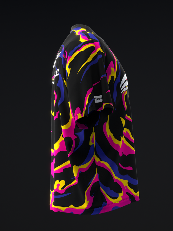 Black bowling jersey with vibrant pink, purple, and gold abstract design, side view